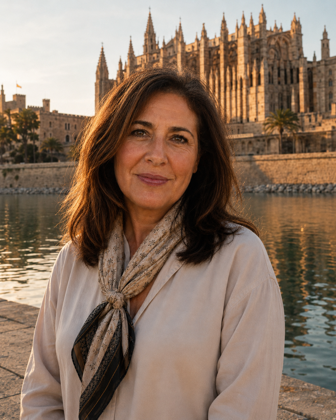 Teresa Roca vor der Kathedrale von Palma im Abendlicht