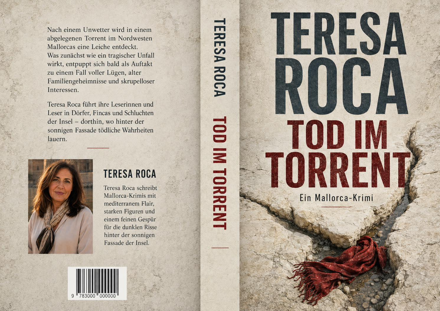 Vorderseite von Tod im Torrent von Teresa Roca: ein rotes Tuch in einem steinigen Torrent